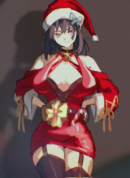 1girl blue_bow blue_eyes blue_hair bow breasts cowboy_shot dress hat highres hololive hololive_english large_breasts looking_to_the_side ouro_kronii red_dress santa_hat short_hair simple_background smile solo solo_focus standing thighhighs virtual_youtuber yellow_bow yuutomeh