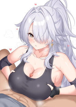 Rule 34 | + +, 1boy, 1girl, babouto, black bra, black gloves, blush, bra, breasts, censored, chaos zero nightmare, commentary request, earrings, fingerless gloves, gloves, grabbing own breast, grey eyes, hair between eyes, hair intakes, hair over one eye, heart, high ponytail, highres, jewelry, large breasts, mosaic censoring, nine (chaos zero nightmare), paizuri, paizuri under clothes, parted bangs, ponytail, sports bra, star (symbol), star earrings, star in eye, sweat, symbol in eye, underwear, white hair
