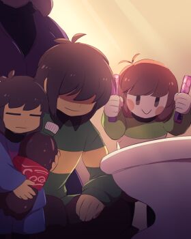 1girl 3others :> antenna_hair backlighting blue_shirt blue_shorts bob_cut bottle brown_eyes brown_hair brown_pants can't_choose_your_own_family chara_(undertale) closed_eyes closed_mouth coca-cola cola collared_shirt commentary contrast_collar deltarune english_commentary frisk_(undertale) from_below green_shirt hair_over_eyes hand_on_own_thigh hands_up holding holding_bottle in-franchise_crossover indoors kris_(deltarune) lari-lab multiple_others other_focus pants pink_shirt shirt short_hair shorts simple_background smile soda_bottle solid_oval_eyes toilet toriel two-tone_shirt undertale utdr_(toby_fox) yellow_shirt