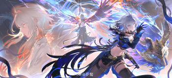 1girl absurdres black_jacket black_pantyhose black_thighhighs blue_bra blue_nails bra chunbuchou cropped_jacket feathered_wings fingernails galbrena_(wuthering_waves) grey_hair gun highres holding holding_gun holding_weapon jacket looking_at_viewer medium_hair missing_commentary multiple_views mutation pantyhose purple_eyes sharp_fingernails single_leg_pantyhose single_thighhigh single_wing solo stomach tacet_discord_(wuthering_waves) thighhighs thighs underwear weapon wings wuthering_waves