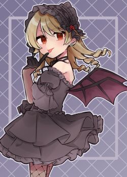 1girl :p @_@ bare_shoulders black_dress blonde_hair blush dress fishnet_pantyhose fishnets gloves hairband highres idolmaster idolmaster_cinderella_girls lolita_hairband long_hair looking_at_viewer morikubo_nono orange_eyes pantyhose ringlets smile solo tko0 tongue tongue_out