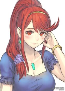 1girl 2022 adjusting_hair alternate_hairstyle arm_at_side arm_up artist_name blue_dress blush bracelet breasts casual chest_jewel cleavage commentary core_crystal_(xenoblade) dress english_commentary female_focus gofelem gold hairband hairdressing jewelry juliet_sleeves lips long_hair long_sleeves looking_at_viewer monolith_soft nintendo ponytail puffy_sleeves pyra_(xenoblade) red_eyes red_hair short_sleeves sidelocks simple_background smile solo straight_hair swept_bangs tareme white_background xenoblade_chronicles_(series) xenoblade_chronicles_2