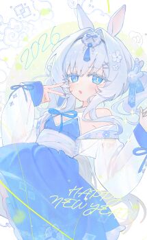 1girl 2026 absurdres animal_ears bare_shoulders blue_bow blue_dress blue_eyes blue_nails blush bon_(bony_53) bow breasts bright_pupils commentary cowboy_shot dress dutch_angle english_commentary floating_hair flower hair_between_eyes hair_flower hair_intakes hair_ornament hairband hands_up happy_new_year highres long_hair long_sleeves looking_at_viewer new_year original parted_lips rabbit_ears rabbit_hair_ornament see-through_clothes see-through_sleeves small_breasts white_hair white_pupils x_hair_ornament