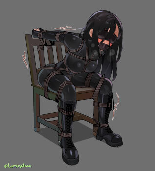 Rule 34 | 1girl, absurdres, arms behind back, bdsm, black bodysuit, black boots, black hair, blindfold, blush, bodysuit, bondage, boots, bound, bound arms, bound legs, breast bondage, breasts, chair, crotch rope, elbow gloves, fingerless gloves, gag, gag harness, gagged, gloves, grey background, highres, ijiranaide nagatoro-san, lace-up boots, long hair, lumpychan, medium breasts, nagatoro hayase, on chair, panel gag, restrained, shibari, shibari over clothes, sitting, skindentation, solo, very long hair