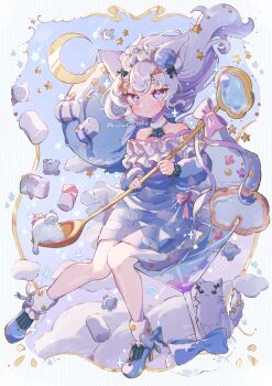 1girl animal animal_ear_fluff animal_ears bare_shoulders black_bow blue_bow blue_dress blue_eyes blue_hair blue_shoes blush bow cat cat_ears cat_girl closed_mouth commentary crescent dress food full_body hair_bow high_heels highres holding holding_spoon long_hair looking_at_viewer marshmallow off-shoulder_dress off_shoulder original oversized_object shoes solo spoon symbol-only_commentary tsukumi_bis twitter_username