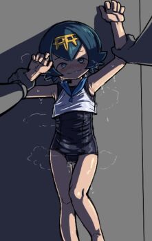 1boy 1girl armpits arms_up blue_eyes blue_hair blue_sailor_collar blush dripping hair_ornament hetero highres hot lana_(pokemon) legs legs_together loli looking_at_viewer nintendo nose_blush pinned pokemon pokemon_sm pov pov_hands pussy_juice pussy_juice_drip sailor_collar school_swimsuit shadow shiny_skin short_hair smile smirk standing sweat swimsuit v1ll41n watch wristwatch