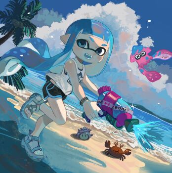 1girl bare_shoulders beach black_shorts blue_eyes blue_hair blue_sandals blue_sky blunt_bangs bracelet cloud commentary_request crab day dolphin_shorts dutch_angle fangs from_side full_body highres holding holding_water_gun inkling inkling_girl inkling_player_character jewelry long_hair looking_at_viewer mituhati nintendo ocean open_mouth outdoors palm_tree pointy_ears sandals scenery shorts sky smile solo splatoon_(series) sports_sandals squid standing standing_on_one_leg summer tank_top tentacle_hair tree water_gun white_tank_top
