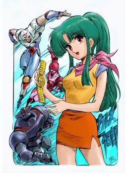 2girls 3boys bandana bandana_around_neck belt cherry_bomber commentary_request copyright_name fubuki_kyouko gold_belt green_hair hand_up holding holding_belt humanoid_robot juuoumaru long_hair mad_hurricane miniskirt multiple_boys multiple_girls open_mouth orange_skirt pink_bandana plawres_sanshirou ponytail red_eyes robot robot_boy robot_girl shirt side_slit signature skirt sleeveless sleeveless_shirt smile standing tamura_hideki yellow_shirt