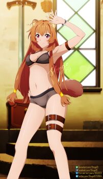 1girl alternate_costume animal_ears arm_strap arm_up armpits belt bikini bikini_top_only black_bikini black_shorts breasts brown_belt brown_hair closed_mouth deviantart_logo deviantart_username eyelashes facebook_logo facebook_username feet_out_of_frame hair_between_eyes highres indoors long_hair looking_at_viewer medium_breasts metal_wrist_cuffs micro_shorts navel pink_eyes pixiv_id pixiv_logo raccoon_ears raccoon_girl raccoon_tail raphtalia shorts shugo19 signature smile solo standing stomach swimsuit sword tail tate_no_yuusha_no_nariagari thigh_belt thigh_strap twitter_logo twitter_username watermark weapon