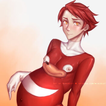 1boy bodysuit chanti_(chantilin) commentary_request light_blush male_pregnancy nipple_cutout orange_eyes original outie_navel pregnant red_hair short_hair smile solo sonic_(series) spiked_hair ugandan_knuckles upper_body