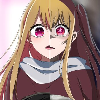 1girl blonde_hair hair_between_eyes highres hoshino_ruby long_hair open_mouth oshi_no_ko pink_eyes portrait red_eyes scarf side_ponytail simple_background solo split_screen star-shaped_pupils star_(symbol) symbol-shaped_pupils teeth tongue u-e_iwww upper_teeth_only white_background white_scarf