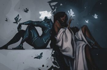 Rule 34 | 1boy, 1girl, absurdres, back-to-back, black hair, blue skin, bug, butterfly, butterfly on hand, closed mouth, colored skin, commentary, dark-skinned female, dark skin, earrings, english commentary, hand up, highres, hoop earrings, insect, jewelry, knee up, long hair, original, short hair, sitting, split theme, titanartx, white hair, wide sleeves