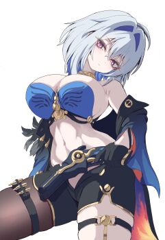 1girl abs absurdres armpit_crease bandeau bare_shoulders black_gloves black_jacket black_pantyhose black_shorts blue_bandeau blue_hair breasts cleavage closed_mouth commentary cowboy_shot cropped_jacket crossed_bangs galbrena_(wuthering_waves) gloves gold_choker grey_hair gun hair_between_eyes hair_intakes head_tilt highres holding holding_gun holding_weapon iq-wraith jacket large_breasts long_sleeves looking_at_viewer medium_hair multicolored_hair navel off_shoulder pantyhose purple_eyes short_shorts shorts sidelocks simple_background single_leg_pantyhose single_wing skindentation solo standing stomach thigh_strap weapon white_background wings wuthering_waves