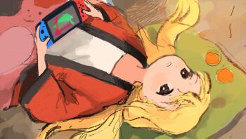 Rule 34 | 1girl, black eyes, blonde hair, futaba anzu, hair spread out, handheld game console, hanten (clothes), head on pillow, highres, holding, holding handheld game console, idolmaster, idolmaster cinderella girls, ketsuro, light smile, long hair, long sleeves, looking at viewer, lying, nintendo switch, on back, open mouth, pillow, shirt, solo, stuffed animal, stuffed rabbit, stuffed toy, upper body, white shirt