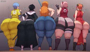 5girls absurdres ass ass_chart ass_focus breasts bulma from_below haruno_sakura highres huge_ass huge_breasts kagura_(gintama) kuchiki_rukia lineup multiple_girls nami_(one_piece) non-web_source shaz_(luckyshazo) small_breasts thighhighs wide_hips