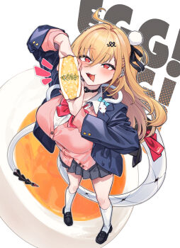 1girl ahoge alternate_costume aningay black_shoes blonde_hair blue_jacket bread breasts cardigan chalky_(zenless_zone_zero) cissia_(zenless_zone_zero) collar collarbone commentary drooling egg food food_request from_above full_body hair_between_eyes hair_ornament hairclip hands_up highres holding holding_food jacket large_breasts long_hair open_mouth pink_cardigan pom_pom_(clothes) pom_pom_hair_ornament red_eyes school_uniform shirt shoes snake snake_girl snake_tail socks tail untranslatable_commentary white_background white_shirt white_snake white_socks zenless_zone_zero