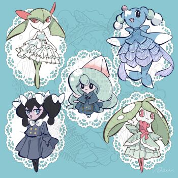 5girls :d bad_tag black_dress black_eyes black_hair blue_background blue_bow blue_capelet blue_dress blue_eyes blue_hair bow brionne capelet clothed_pokemon colored_skin dress eyelashes fang full_body furry furry_female gen_3_pokemon gen_5_pokemon gen_7_pokemon gen_8_pokemon gothorita green_hair green_skin hair_bow hat hattrem helmet highres kirlia long_hair looking_at_viewer monster_girl multicolored_skin multiple_girls nintendo open_mouth pink_bow pink_eyes pink_pupils pink_skin plant_girl pokemon pokemon_(creature) red_eyes rendoll seal_(animal) simple_background smile snout standing steenee twintails two-tone_skin white_bow white_dress white_skin witch_hat