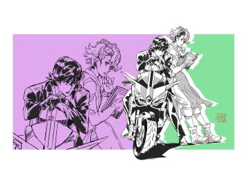 2boys coat full_body fuuto_tantei green_background green_theme helmet hidari_shoutarou highres holding holding_unworn_helmet jacket kabashima_yousuke kamen_rider kamen_rider_w male_focus motor_vehicle motorcycle multiple_boys philip_(kamen_rider) purple_background purple_theme standing unworn_headwear unworn_helmet upper_body white_background