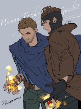 2boys animification artist_name beard belt between_fingers black_gloves black_pants blonde_hair blue_bodysuit blue_cape bodysuit brown_belt brown_hair brown_jacket cape card character_name closed_mouth cowboy_shot facial_hair fantastic_four fingernails fire floating_cape floating_clothes gambit gloves green_pants grey_background hand_up helmet holding holding_card human_torch jacket johnny_storm looking_at_viewer looking_to_the_side male_focus marvel multiple_boys open_clothes open_jacket pants playing_card red_eyes short_hair simple_background smile standing superhero_costume teeth u-ka_(fukei) v-shaped_eyebrows x-men