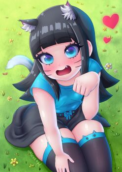 1girl absurdres alternate_costume animal_ears artist_name black_hair black_skirt black_thighhighs blue_eyes blue_shirt blue_thighhighs blush boruto:_two_blue_vortex breasts cat_ears cat_girl cat_tail covered_erect_nipples cowboy_shot dot_nose eyebrows eyelashes facial_mark fang female_focus from_above glass hand_on_own_thigh hassylep highres kemonomimi_mode loli long_hair looking_at_viewer looking_up naruto_(series) open_mouth outdoors paw_pose shirt short_sleeves skirt small_breasts smile solo tail thick_thighs thighhighs thighs tongue two-tone_thighhighs uzumaki_himawari