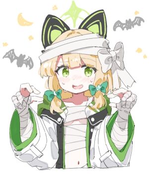 1girl animal_ear_headphones animal_ears bandaged_arm bandaged_chest bandaged_hand bandaged_head bandaged_torso bandages bat_(animal) blonde_hair blue_archive blush bow breasts buttons cat_ear_headphones cat_ears collarbone commentary crescent crescent_hair_ornament cropped_torso fake_animal_ears green_bow green_eyes green_halo green_jacket hair_bow hair_ornament halloween halo hands_up headphones hood hood_down hooded_jacket jacket long_sleeves looking_at_viewer low-tied_sidelocks midori_(blue_archive) multicolored_jacket mummy_costume navel nose_blush open_clothes open_jacket open_mouth parted_bangs sidelocks simple_background small_breasts smile solo star_(symbol) star_hair_ornament sweat unbuttoned upper_body usaginoakubi802 white_background white_bow white_jacket wide_sleeves