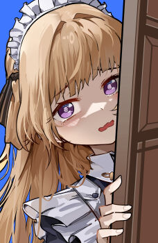 1girl absurdres alternate_costume black_bow blonde_hair blue_background blush bow commentary doorway embarrassed english_commentary enmaided hair_bow highres long_hair looking_at_viewer maid maid_headdress md5_mismatch open_mouth phoebe_(wuthering_waves) portrait pov_doorway purple_eyes resolution_mismatch ryeon_(naturesan) solo source_larger tearing_up wuthering_waves