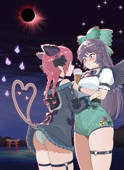 2girls absurdres animal_ears ass black_eyes black_hair black_wings blush bow bracelet braid breasts cat_ears cat_girl cat_tail closed_eyes dress eclipse extra_tails food gang233929rg hair_bow heart heart-shaped_pupils highres ice_cream jewelry kaenbyou_rin large_breasts licking long_hair looking_at_another mountainous_horizon multiple_girls night night_sky outdoors panties pantyshot pin radiation_symbol red_hair reiuji_utsuho shorts sky solar_eclipse star_(sky) symbol-shaped_pupils tail thighs tongue torii touhou twin_braids underwear wedgie will-o&#039;-the-wisp_(mythology) wings yuri