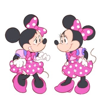 Rule 34 | 1boy, 1girl, bow, crossdressing, dress, gloves, hair bow, highres, humanization, mickey mouse, mickey mouse &amp; friends, mickey mouse ears, minnie mouse, mouse boy, mouse girl, polka dot, polka dot bow, short hair, smile, takatmaorange, white gloves