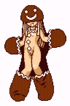 1girl blonde_hair boots brown_boots brown_gloves brown_hat christmas collar covered_eyes flat_chest frilled_collar frills gingerbread_man gloves grin hat kayama_licca loli long_hair looking_at_viewer navel nipples nude pixel_art polka_dot_footwear polka_dot_gloves polka_dot_headwear pussy saiwai_hiroshi smile standing super_doll_licca-chan teeth white_background