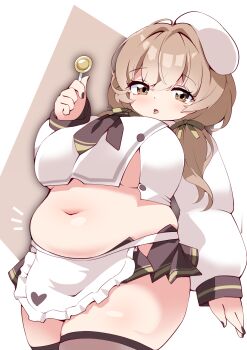1girl apron bready_(nikke) breasts brown_background brown_eyes brown_neckerchief buttons candy commentary_request cowboy_shot fat food goddess_of_victory:_nikke hat heart highres holding holding_candy holding_food holding_lollipop large_breasts lollipop long_hair long_sleeves miniskirt muffin_top navel neckerchief notice_lines pleated_skirt shadow shiyo_hodaka skirt solo thick_thighs thighhighs thighs tongue tongue_out twintails waist_apron white_apron white_background white_hat