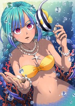 1girl air_bubble angelfish aqua_hair bare_shoulders bikini bikini_top_only blunt_bangs bracelet braid breasts bubble cleavage collarbone commentary_request coral cowboy_shot dark-skinned_female dark_skin dutch_angle fish highres holding_seashell jewelry looking_at_another medium_breasts mermaid monster_girl navel open_mouth original pearl_bracelet red_eyes scales seashell shell sidelocks solo_focus starfish_necklace stomach strapless strapless_bikini swimsuit twin_braids underwater yellow_bikini yutaka_illust