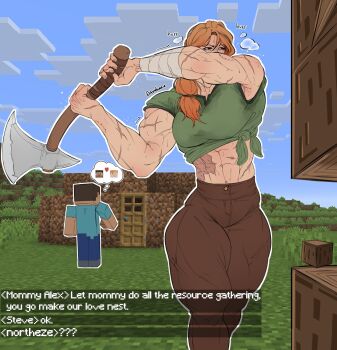 1boy 1girl abs absurdres alex_(minecraft) arm_wrap artist_name axe biceps blue_pants blue_shirt blue_sky breasts brown_pants cloud cloudy_sky commentary cutting dirt door english_commentary grass green_shirt heart heavy_breathing highres holding holding_axe large_breasts midriff minecraft minecraft_(style) muscular muscular_female norutheze orange_hair pants scar scar_on_arm scar_on_stomach shirt side_ponytail sky speech_bubble steve_(minecraft) struggling sweat thick_thighs thighs thought_bubble tight_clothes tight_pants tree wide_hips