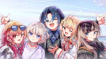 5girls absurdres black_choker black_hair black_shirt blonde_hair blue_eyes blue_hair brown_dress choker commentary_request dress earrings eyewear_on_head fang fortissimo grey_streaks hair_ornament hairpin highres hiodoshi_ao hiodoshi_ao_(1st_costume) holding_fang hololive hololive_dev_is ichijou_ririka ichijou_ririka_(1st_costume) jacket jewelry juufuutei_raden juufuutei_raden_(1st_costume) long_hair looking_at_viewer medium_hair multiple_girls musical_note musical_note_hair_ornament one_eye_closed orange_eyes orange_hair otonose_kanade otonose_kanade_(1st_costume) purple_streaks red_eyes regloss_(hololive) shirt sidelocks skin_fang sunglasses todoroki_hajime todoroki_hajime_(1st_costume) u_da_desu white_choker white_jacket white_shirt