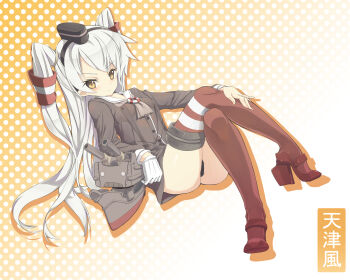 1girl 1other amatsukaze_(kancolle) ass black_dress black_hairband black_panties blush breasts character_name commentary_request covered_erect_nipples dress drop_shadow full_body gloves gradient_background hair_between_eyes hair_tubes hairband halftone halftone_background high_heels highres invisible_chair kantai_collection lo_xueming long_hair long_sleeves looking_at_viewer orange_background panties pout red_skirt red_thighhighs rensouhou-kun rudder_footwear sailor_collar sailor_dress see-through_clothes see-through_dress sidelocks single_glove sitting skirt small_breasts thighhighs two_side_up underwear very_long_hair white_background white_gloves white_hair white_sailor_collar yellow_eyes