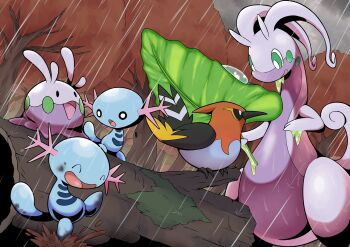 ^_^ absurdres animal_focus autumn black_eyes bright_pupils closed_eyes fletchinder forest gen_2_pokemon gen_6_pokemon goodra goomy green_eyes happy highres holding holding_leaf leaf log moss mud nature nintendo no_humans open_mouth pokemon pokemon_(creature) q-chan rain splashing tree white_pupils wooper