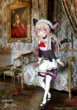 1girl absurdres alternate_costume animal_ears chaos_marie_(grimms_notes) dated fake_animal_ears fake_tail full_body grian_(griankay) grimms_notes highres indoors juliet_sleeves long_hair long_sleeves maid open_mouth puffy_sleeves signature smile solo tail