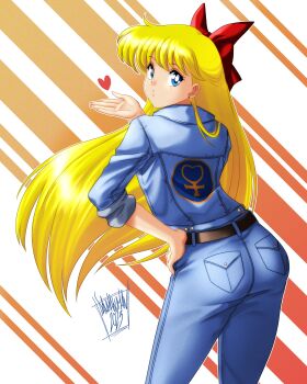Rule 34 | 1girl, absurdres, aino minako, artist name, ass, bishoujo senshi sailor moon, blonde hair, blowing kiss, blue eyes, danmakuman, denim, hair ribbon, hand on own hip, heart, highres, jacket, jeans, long hair, looking at viewer, looking back, pants, puckered lips, ribbon, solo