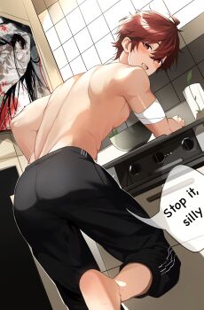 1boy alticute alticute_(vtuber) back barefoot black_pants english_text feet hair_between_eyes highres indie_virtual_youtuber kitchen looking_at_viewer looking_back male_focus open_mouth pants red_eyes red_hair short_hair smile solo speech_bubble toes topless_male virtual_youtuber