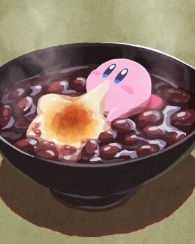 beans blue_eyes blush_stickers bowl commentary_request eating food green_background in_food kirby kirby_(series) miclot mochi nintendo no_humans shiruko_(food) solo steam