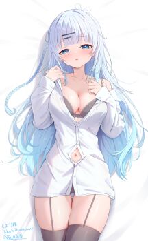 1girl absurdres black_bra black_thighhighs blue_eyes blue_hair blush bra braid breasts cleavage collarbone commentary_request commission garter_straps hair_ornament hairclip haluka_o0 highres long_hair lying medium_breasts navel on_back partially_unbuttoned project_nebula second-party_source shirt single_off_shoulder skeb_commission solo thank_you thighhighs underwear usui_yura virtual_youtuber white_shirt