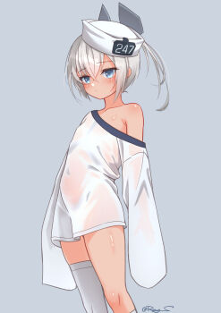 1girl asymmetrical_legwear blue_eyes breasts covered_navel dace_(kancolle) dixie_cup_hat grey_hair hat headgear highres kantai_collection loli military_hat naked_shirt ray.s shirt single_sock single_thighhigh sleeves_past_fingers sleeves_past_wrists small_breasts socks solo standing thighhighs white_hat white_shirt white_socks white_thighhighs