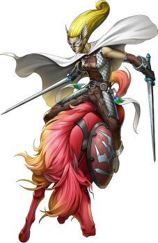 1girl artist_request belt black_belt black_gloves blonde_hair blue_eyes breasts cape demon_(megami_tensei) dual_wielding eye_mask gloves holding holding_sword holding_weapon horse horseback_riding mask official_art persona persona_5 persona_5:_the_phantom_x red_horse riding shield shin_megami_tensei solo sword third-party_source transparent_background valkyrie_(megami_tensei) weapon white_cape