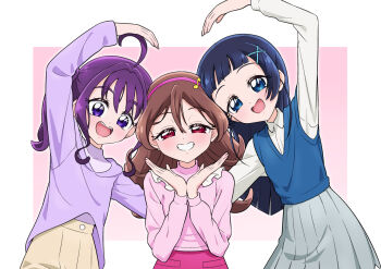3girls :d ahoge aokaze_nana arched_bangs arm_up blouse blue_eyes blue_hair blue_sweater_vest border brown_hair brown_shorts collared_shirt commentary cupping_hands double-parted_bangs eighth_note fortissimo frilled_sweater frills grey_skirt grin hair_between_eyes hair_intakes hair_ornament hairband half-closed_eyes heart_arms heart_arms_trio kimi_to_idol_precure long_hair long_sleeves looking_at_viewer medium_hair miniskirt multiple_girls musical_note musical_note_hair_ornament open_mouth outside_border own_hands_together pink_background pink_hairband pink_skirt pink_sweater pleated_skirt precure purple_eyes purple_hair purple_shirt red_eyes sakura_uta_(precure) shigure_kokoro shirt shorts skirt smile standing sweater sweater_vest teeth tiler_(tiler00) turtleneck upper_body upper_teeth_only white_border white_shirt x_hair_ornament