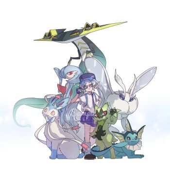 1other 2girls :&gt; :3 alternate_color animal_hands black_eyes black_shoes blue_bag blue_eyes blue_fur blue_hair blue_hat blue_skin bow bright_pupils bug colored_sclera colored_skin commission dragapult dragon fingerless_gloves fins floragato frosmoth full_body gardevoir gen_1_pokemon gen_3_pokemon gen_6_pokemon gen_8_pokemon gloves hat head_fins highres insect leg_warmers looking_at_viewer moth multicolored_skin multiple_girls necktie nintendo pink_eyes pokemon pokemon_(creature) pokemon_sv purple_necktie purple_shorts red_eyes ribbon robinlovesop school_uniform shiny_pokemon shoes shorts simple_background standing sunglasses sylveon twintails two-tone_skin uva_academy_school_uniform vaporeon white_background white_fur white_leg_warmers white_pupils white_skin yellow_sclera