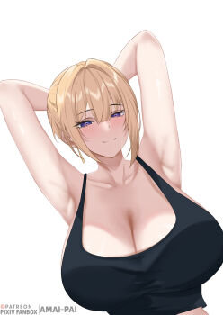 Rule 34 | 1girl, absurdres, amai-pai, armpits, arms behind head, arms up, black tank top, blonde hair, breasts, cleavage, closed mouth, collarbone, commentary, earrings, english commentary, evelyn chevalier, hair between eyes, highres, huge breasts, jewelry, light blush, looking at viewer, purple eyes, sidelocks, simple background, smile, solo, tank top, upper body, watermark, white background, zenless zone zero