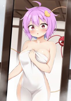 1girl absurdres ahoge areola_slip blush breasts collarbone cowboy_shot hair_ornament heart heart_hair_ornament highres indoors komeiji_satori looking_at_viewer medium_breasts naked_towel pink_hair purple_eyes short_hair solo steam suwa_yasai third-party_source touhou towel