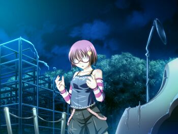 1girl game_cg glasses harem_party kubota_anzu pink_hair short_hair tree