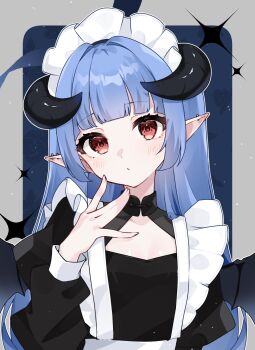 Rule 34 | 1girl, above-cleavage cutout, apron, arm at side, black horns, black shirt, black wings, blue background, blue hair, blunt bangs, border, breasts, closed mouth, clothing cutout, ear piercing, earrings, grey border, hair intakes, hand up, highres, horns, iriam, jewelry, long hair, long sleeves, maid, maid headdress, mandarin collar, mismatched earrings, orange eyes, outline, outside border, piercing, pointy ears, rounded corners, second-party source, shirt, small breasts, solo, spread fingers, turning head, upper body, very long hair, waist apron, white apron, white outline, wings, yonekura 11