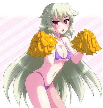 1girl arcana_heart arcana_heart_3 bikini blush breasts cheerleader cleavage hair_between_eyes kasabou long_hair looking_at_viewer medium_breasts navel open_mouth pom_pom_(cheerleading) purple_bikini red_eyes striped_background swimsuit thighs weiss_(arcana_heart) white_hair