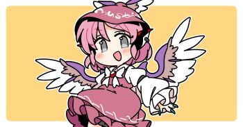 1girl :d animal_ears bird_ears bird_girl bird_wings blush border bow bowtie brown_dress brown_hat chibi chibi_only collared_shirt commentary cowboy_shot dress earrings grey_eyes hat ini_(inunabe00) jewelry long_sleeves looking_at_viewer mystia_lorelei open_mouth outline outside_border pink_hair shirt short_hair simple_background single_earring smile solo touhou v-shaped_eyebrows white_border white_bow white_bowtie white_outline white_shirt winged_hat wings yellow_background